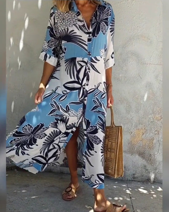 Uformell skjortekjole med blomstertrykk