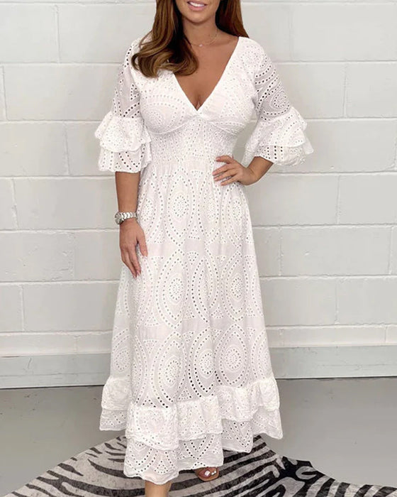 Løs v-hals høy midje kjole i ensfarget