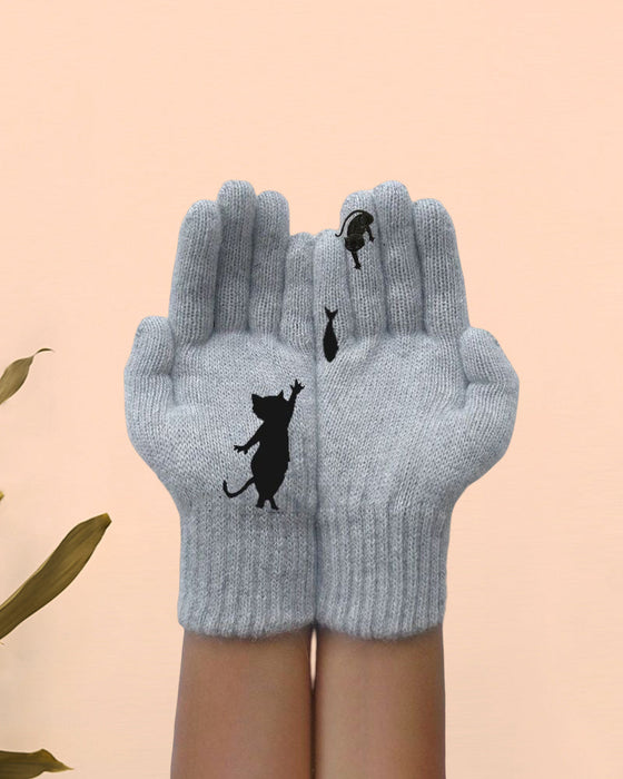 Strikkehansker med kattunge og fisk trykt