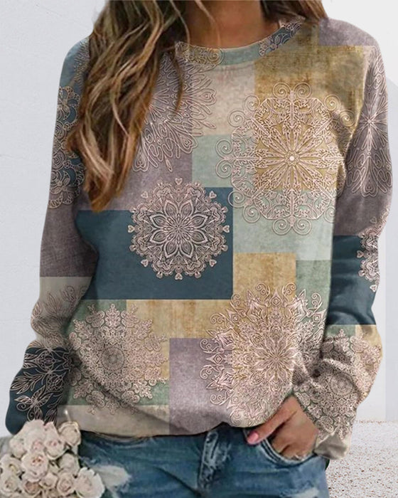 Trykt genser med rund hals og fargeblokk