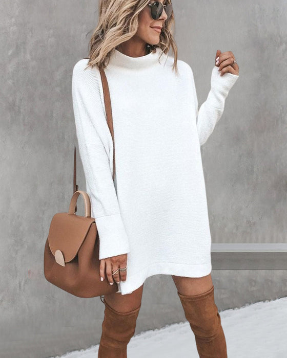 Ensfarget uformelt løs kjole med Høy hals