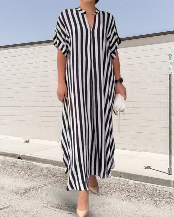 Skjortekjole med V-hals i stripetrykk