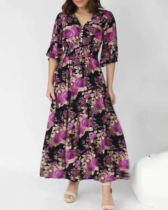 Maxikjole med blomstertrykk og V-hals