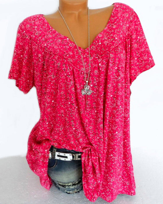 V-hals Løs Kortermet Uformell T-skjorte