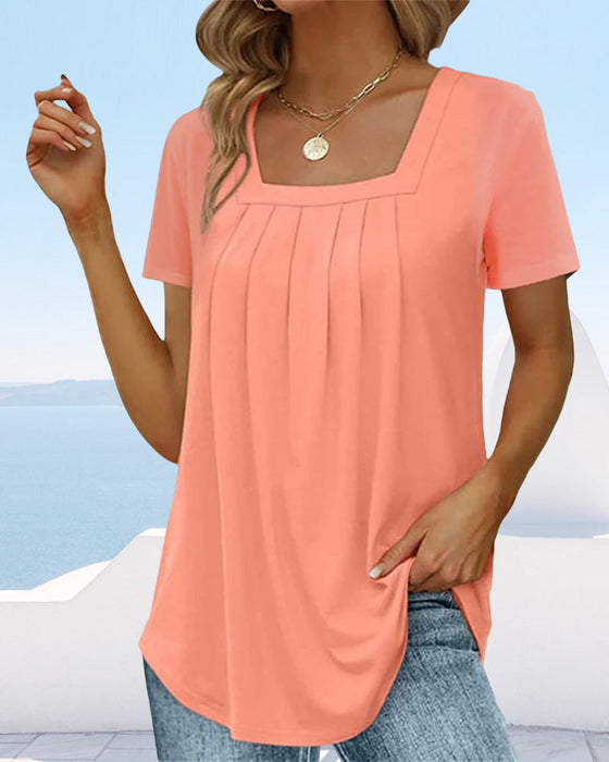 Ensfarget kortermet t-skjorte med firkantet hals