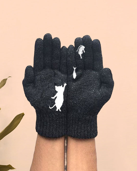 Strikkehansker med kattunge og fisk trykt