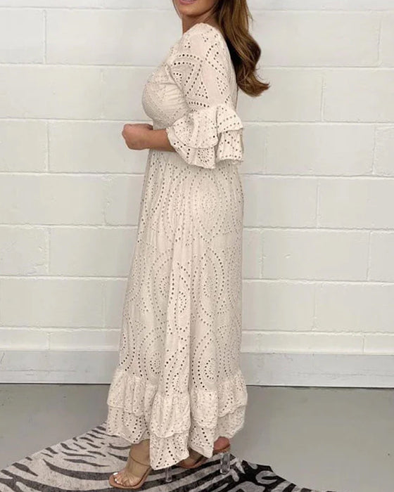 Løs v-hals høy midje kjole i ensfarget