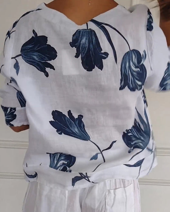 Topp med blomstertrykk i bomull og lin