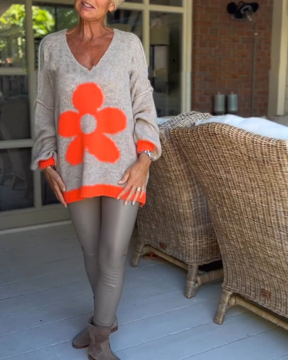 Blomstermønster v-hals genser
