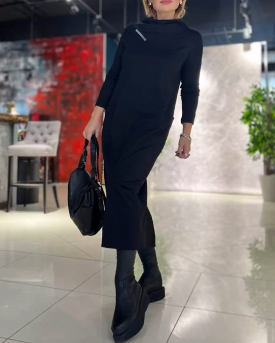 Ensfarget Kjole Med Rund Hals Og Lomme