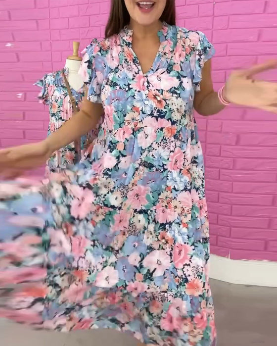 V-hals uformell kortermet kjole med blomstertrykk