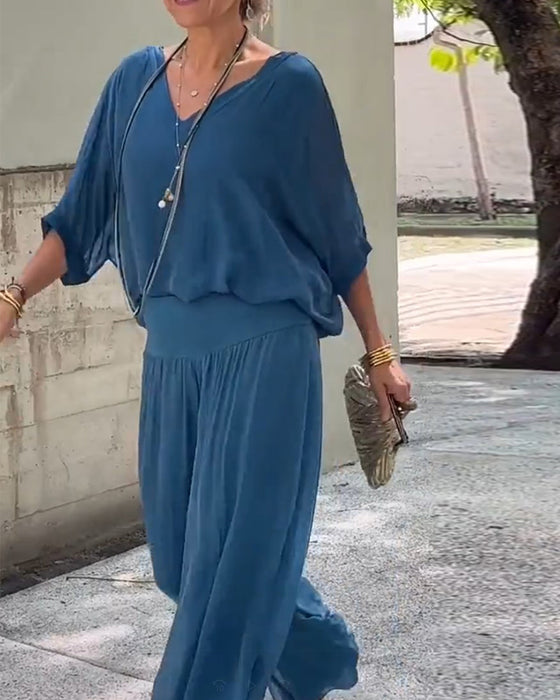 Ensfarget V-hals casual todelt dress