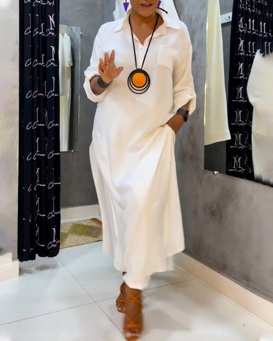 Fastfarge kjole med jakkeslag og lomme