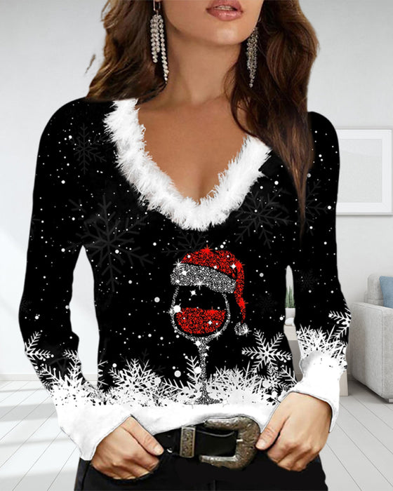 Trykt V-hals langermet topp